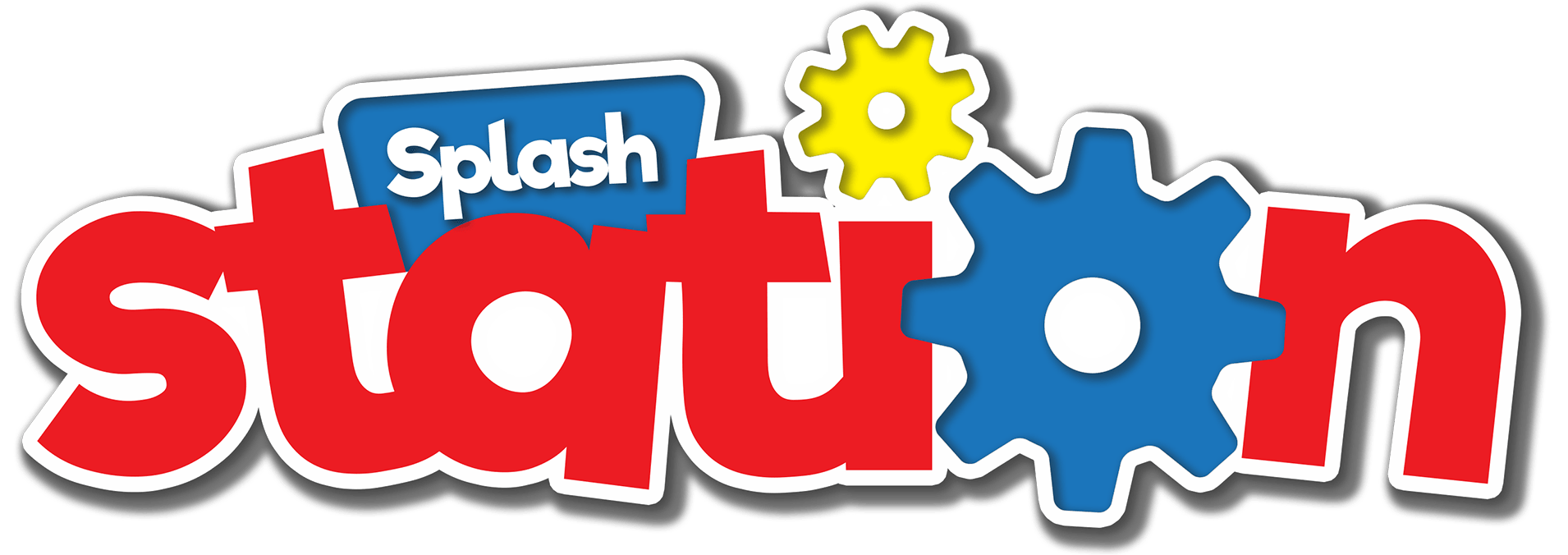 Splash Station logo with red text and blue and yellow gears on white background