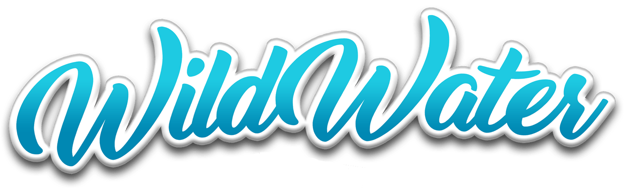 Stylized turquoise script logo reading “WildWater” with white outline and shadow.