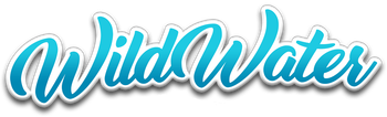 Stylized turquoise script logo reading “WildWater” with white outline and shadow.