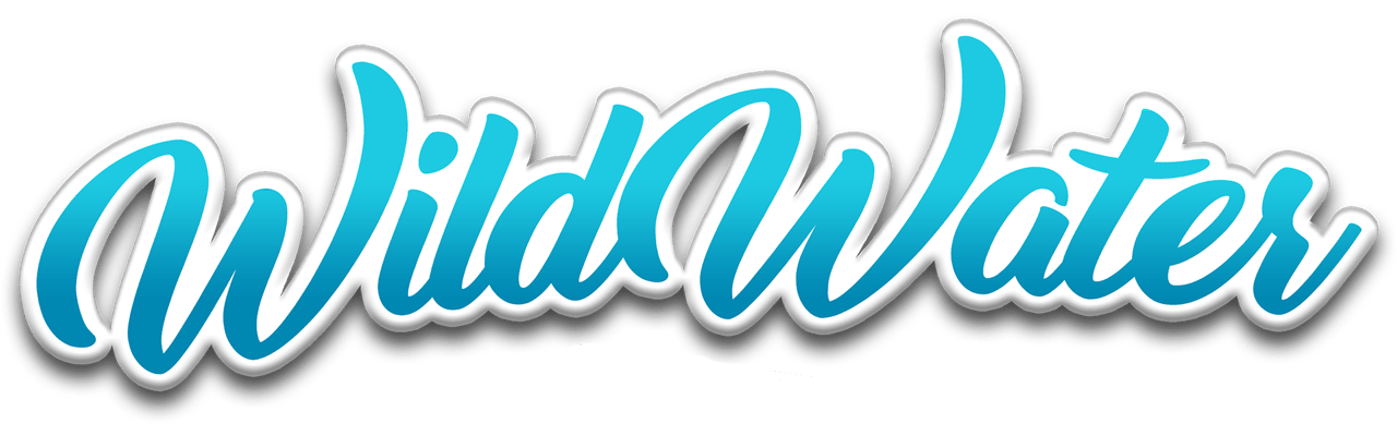 WildWater logo in blue script with white outline and shadow on a transparent background