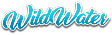 WildWater logo in blue script with white outline and shadow on a transparent background