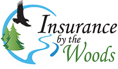 A logo for insurance by the woods with a river and trees