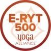 Circular brown-and-white E-RYT 500 Yoga Alliance certification logo