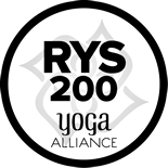 RYS 200 Yoga Alliance certification logo in black and white, with circular border and stylized text