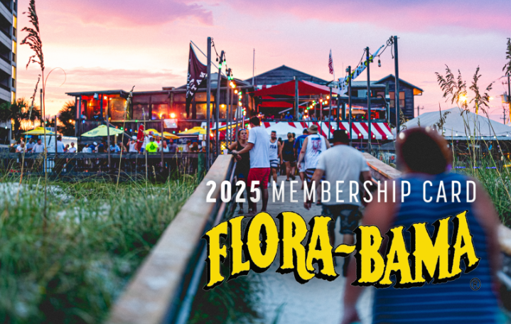 A sunset view of the Flora-Bama lounge with people walking toward it, overlaid with 