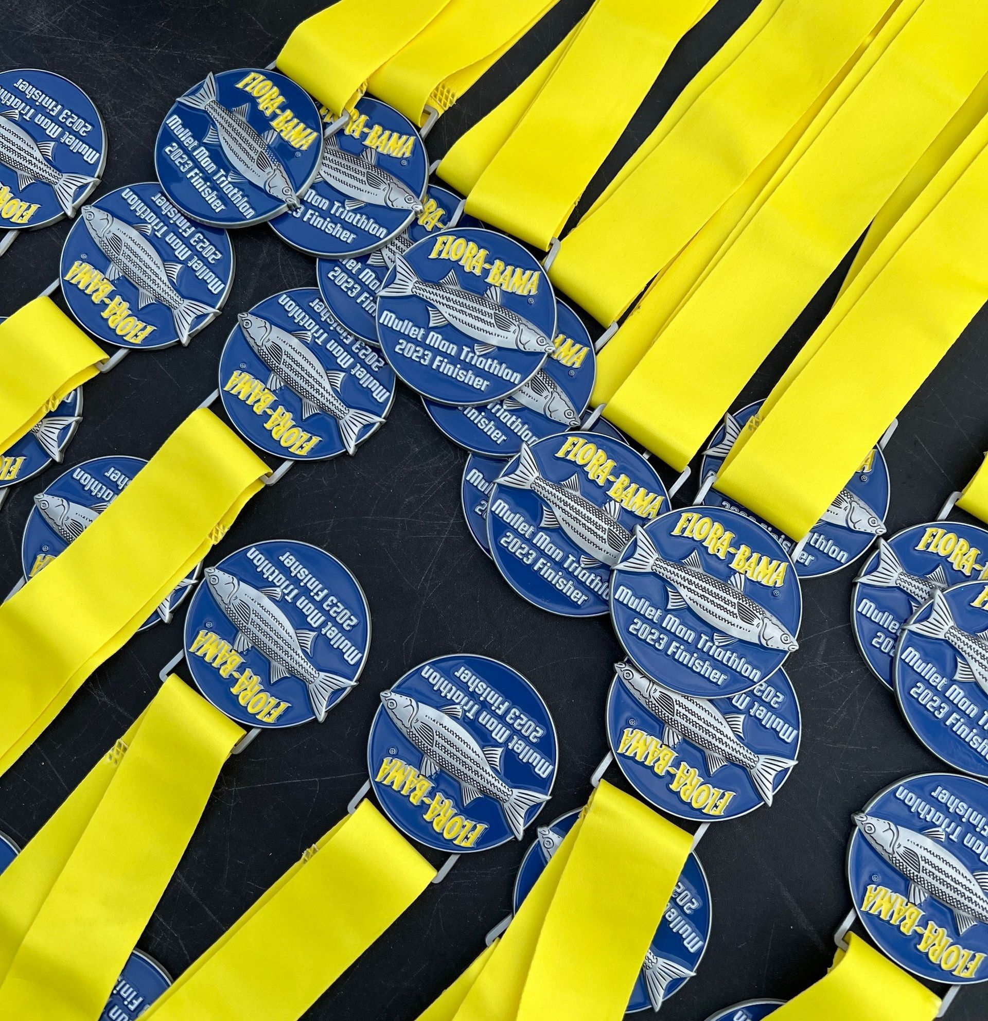 A collection of blue medals with yellow ribbons, each featuring an illustration of a fish and the text 
