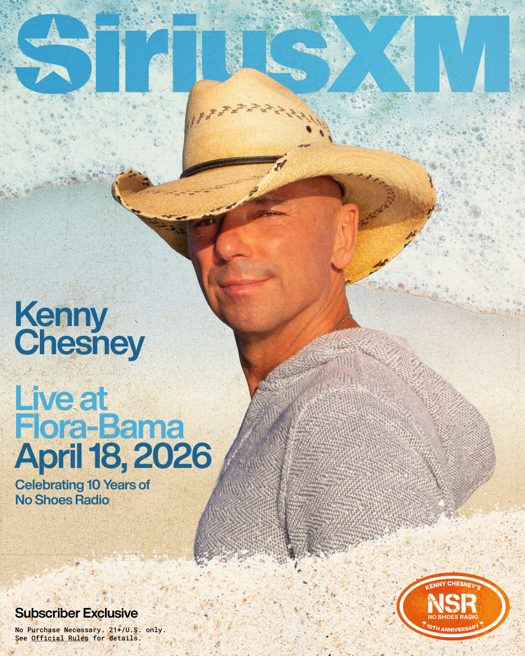 Kenny Chesney promoting a SiriusXM concert at Flora-Bama on April 18, 2026, celebrating 10 years of No Shoes Radio.