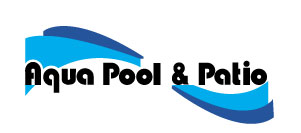 Logo for Aqua Pool & Patio featuring stylized, overlapping blue wave graphics above and below black text.