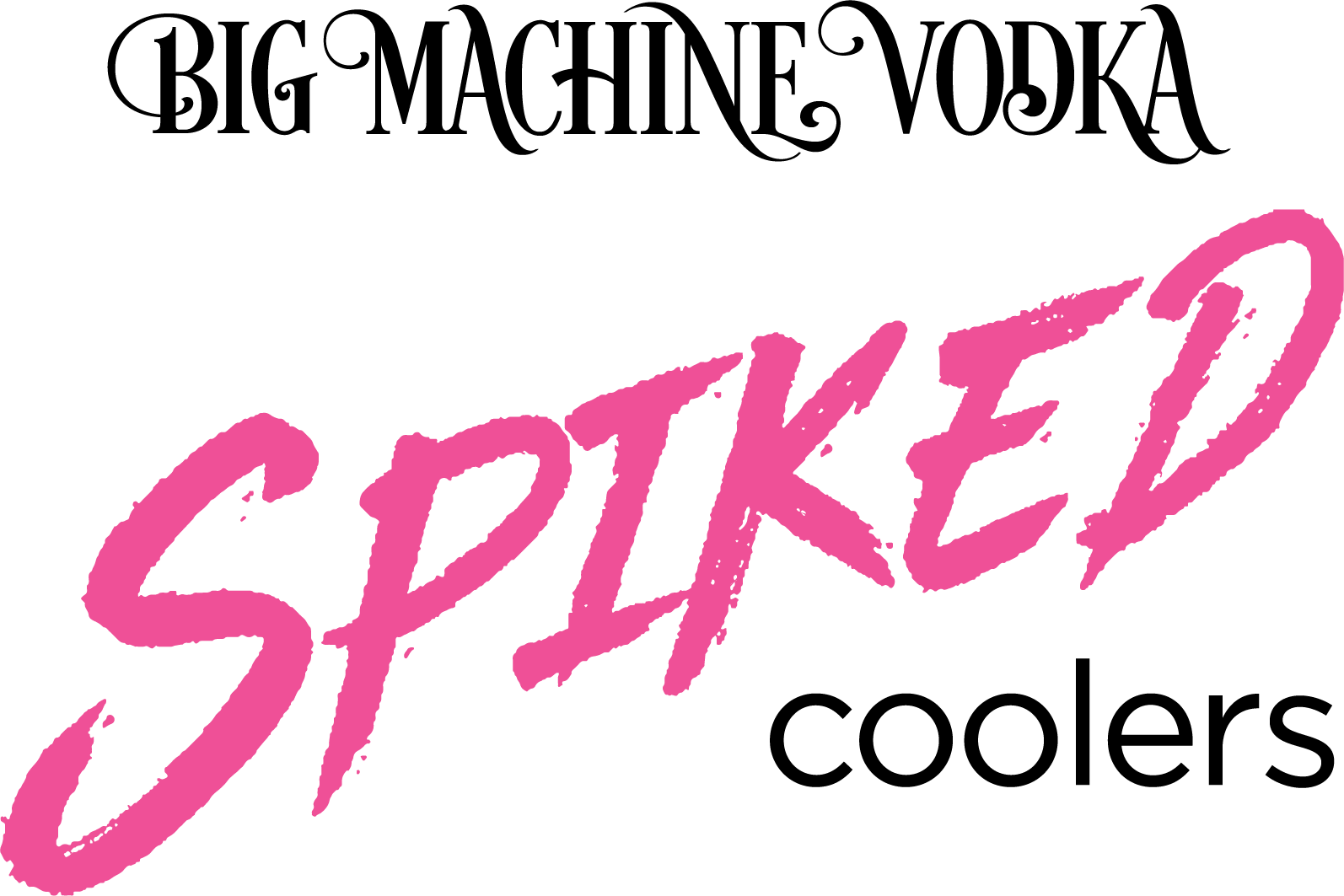 Logo for Big Machine Vodka Spiked Coolers, with black text above pink, brush-stroke style text on a white background.