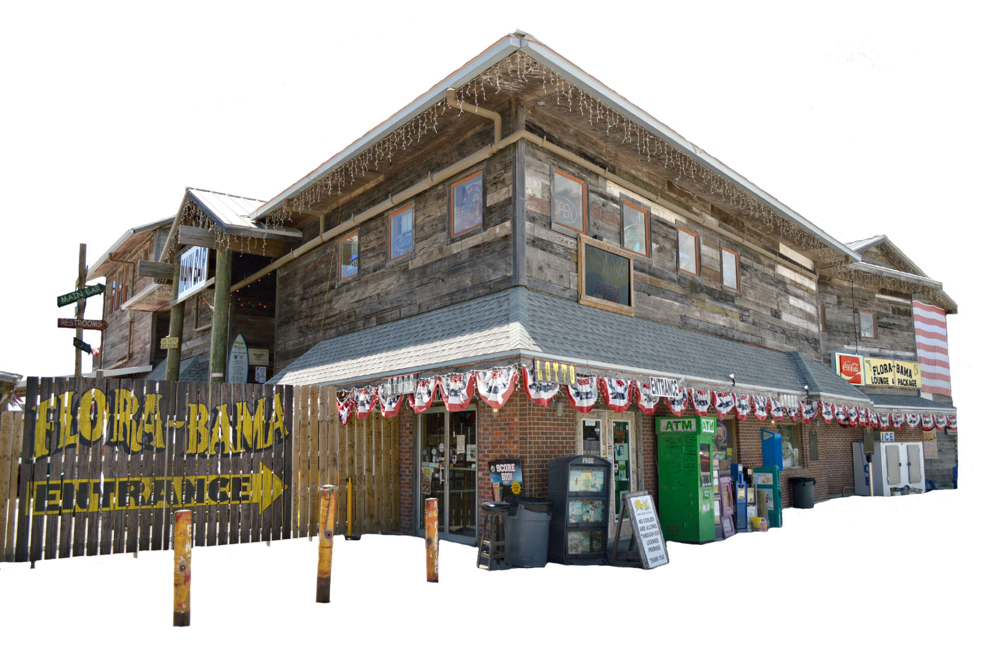 A multi-story rustic wooden building with a sign that reads