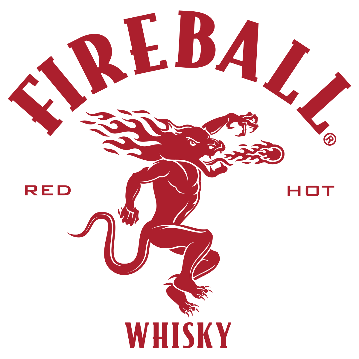 The Fireball Whisky logo features red text and a stylized red dragon-like creature exhaling flames on a white background.