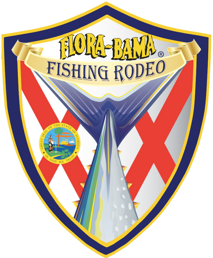 Logo for the Flora-Bama Fishing Rodeo featuring a fish tail over a red saltire and a state seal inside a shield border.