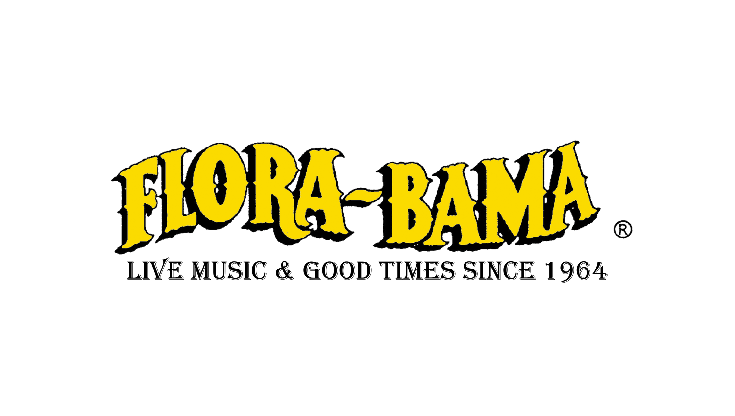 Logo for Flora-Bama featuring yellow, stylized text with the slogan