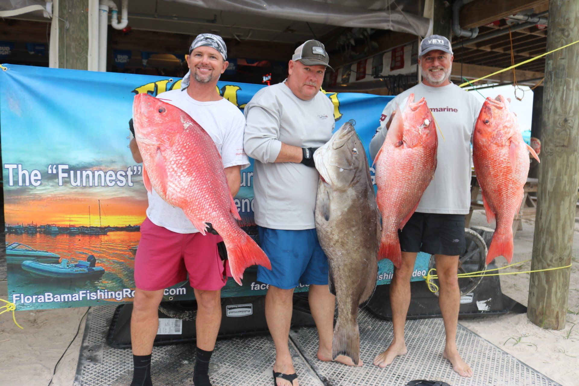 Three people stand in front of a fishing banner, each holding a large fish they caught, smiling for a photo.
