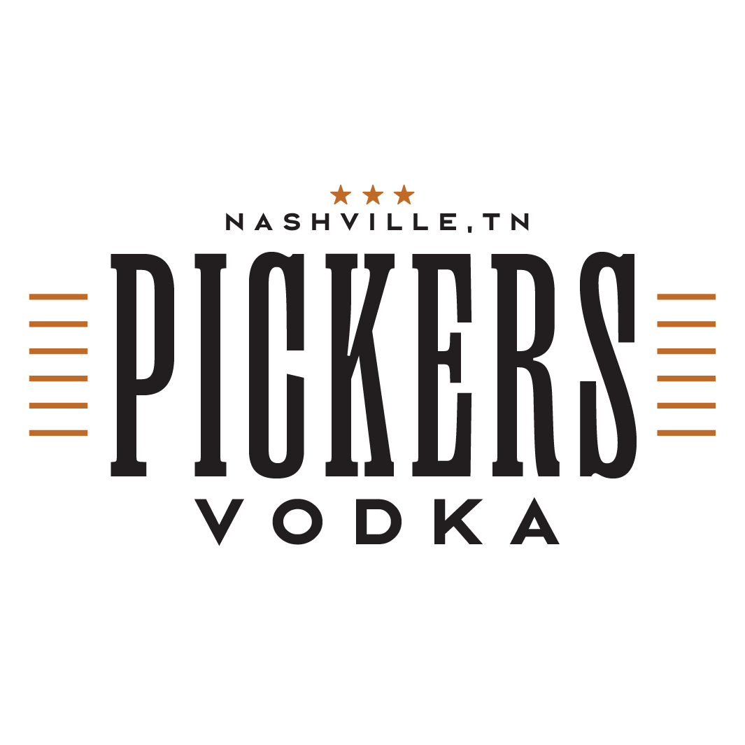Logo for Pickers Vodka from Nashville, TN, featuring bold black lettering with three stars above and horizontal lines.