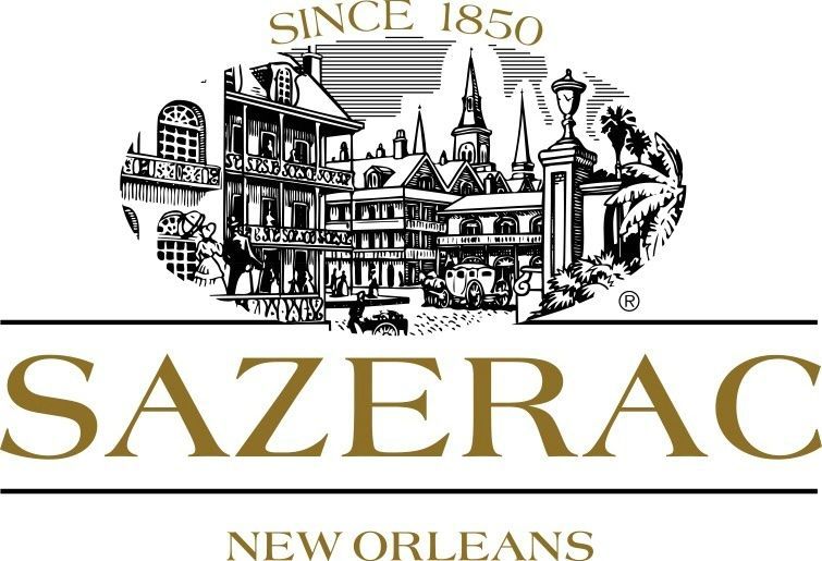 Black and gold logo for Sazerac New Orleans, featuring a vintage illustration of city buildings above the brand name.