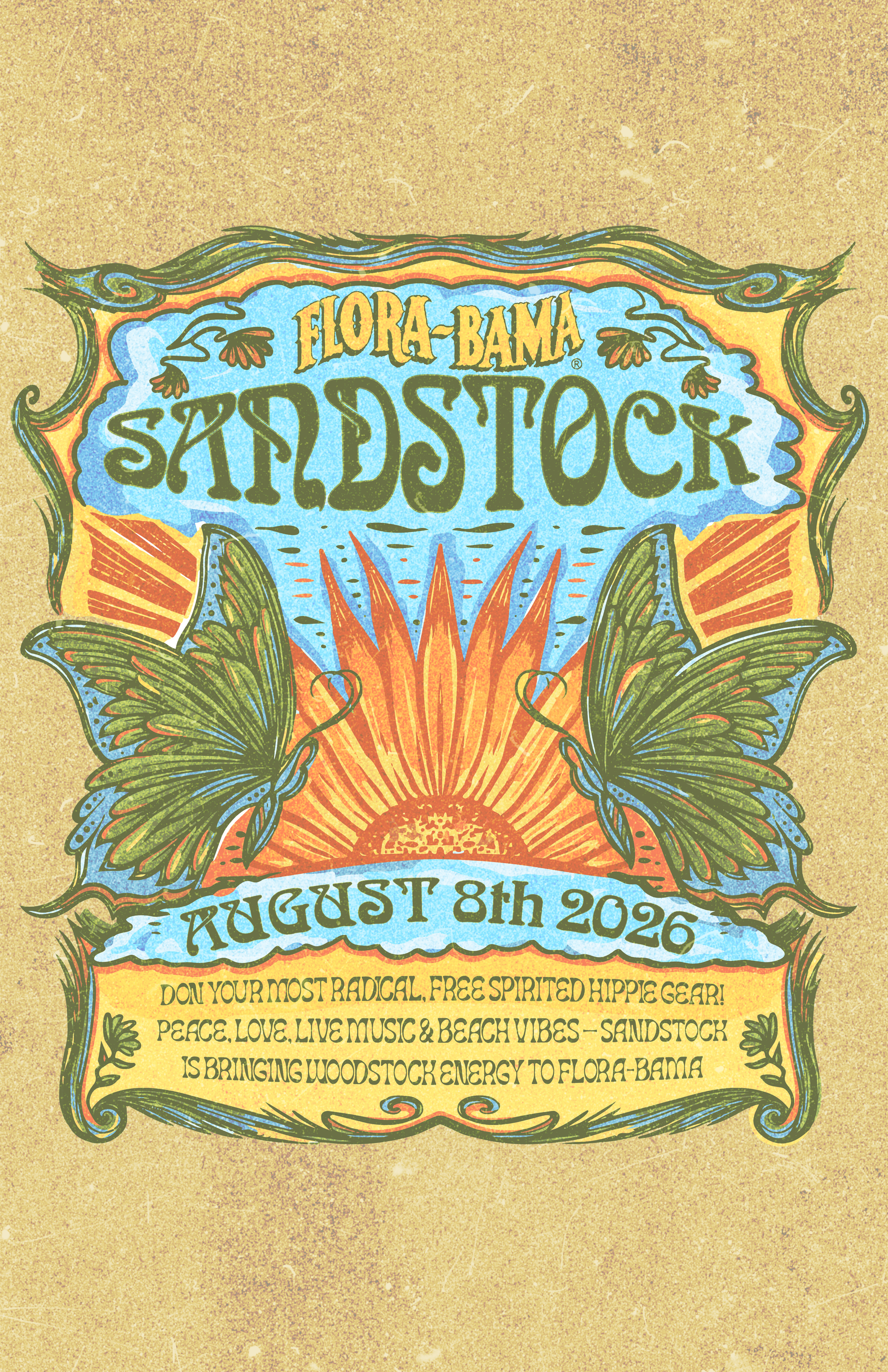 Poster for the Sandstock music festival at Flora-Bama on August 8th, featuring stylized purple and orange psychedelic art.