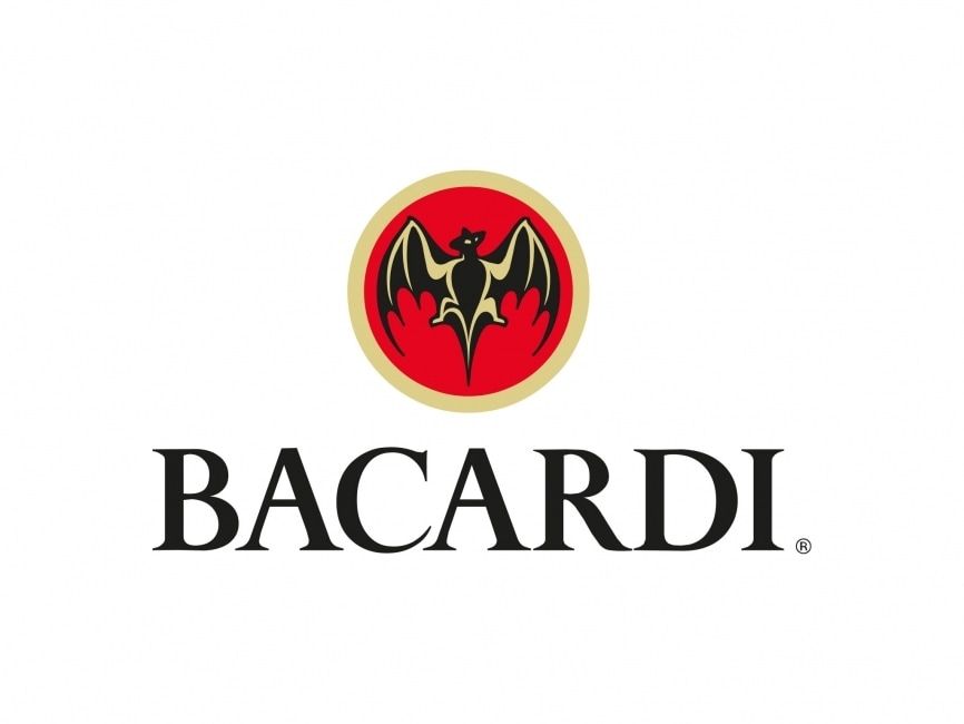 The Bacardi logo, featuring a black bat centered in a red circle with a gold border, above the word 