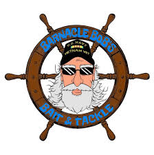 Logo for Barnacle Bab's Bait & Tackle: A ship's wheel frame surrounds a cartoon character in sunglasses and a Navy hat.