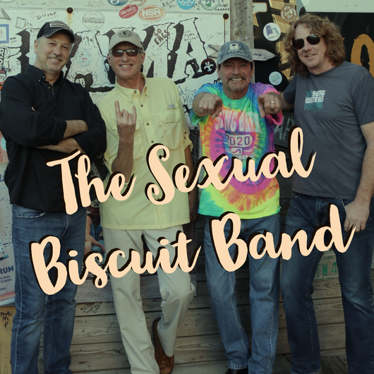 Big Earl and the Sexual Biscuits Four band members pose together outdoors in front of a graffiti-covered wall, with the text