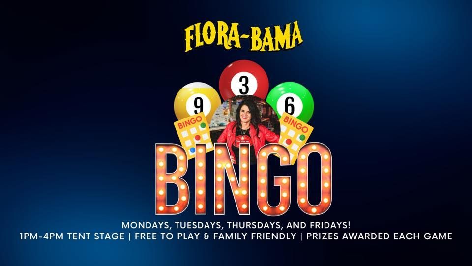 Flora-Bama Bingo on Tent Stage, Mon-Tue-Thu-Fri, 1pm-4pm. Free, family friendly, with prizes awarded each game.