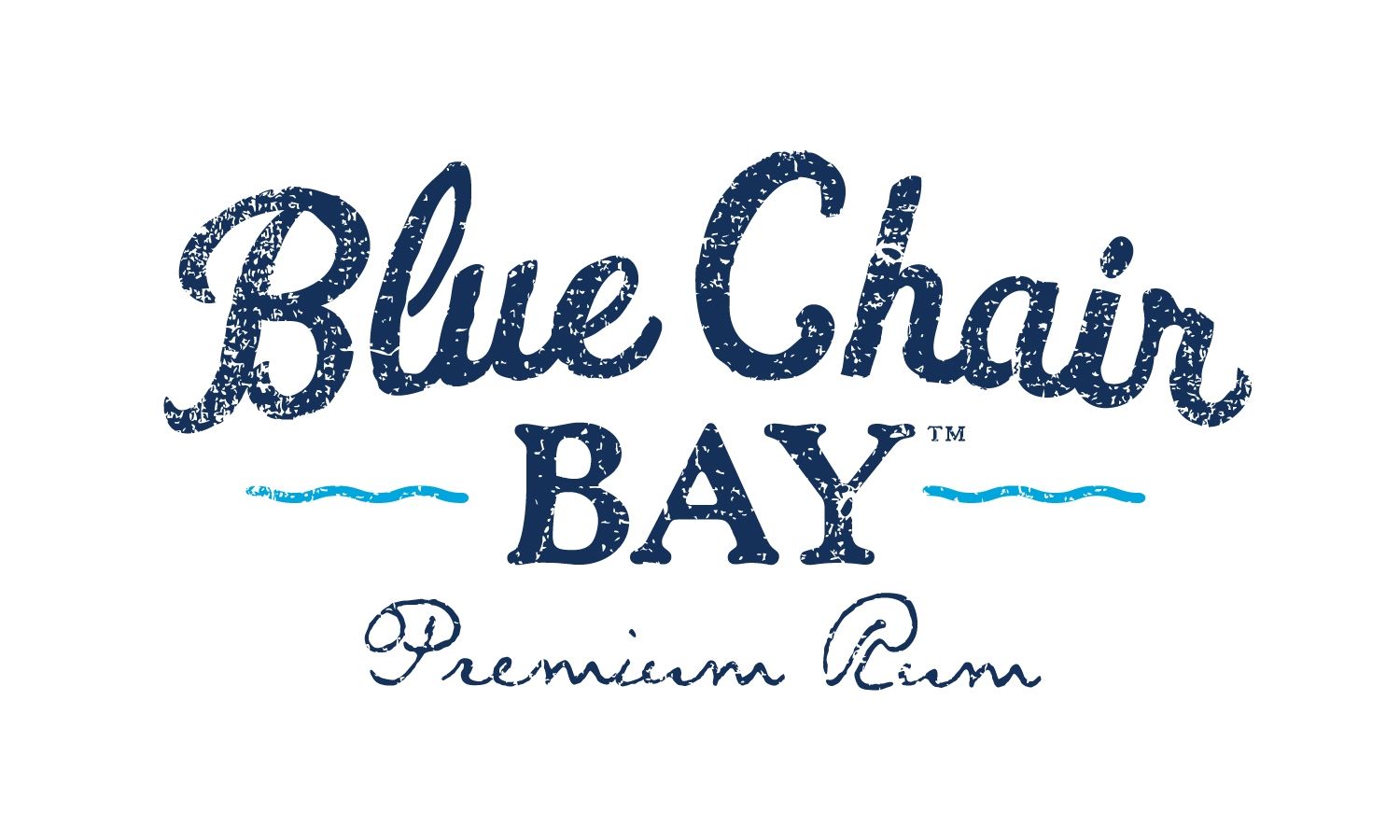 Logo for Blue Chair Bay Premium Rum featuring dark blue, textured lettering on a white background with thin wave accents.