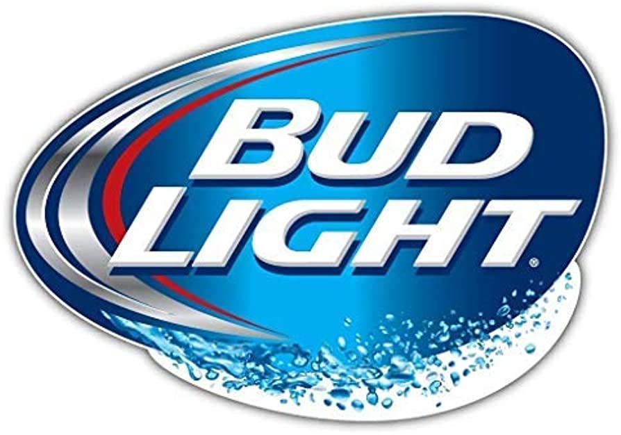 The Bud Light logo featuring white, bold text on a blue, oval-shaped background with silver accents and water droplets.