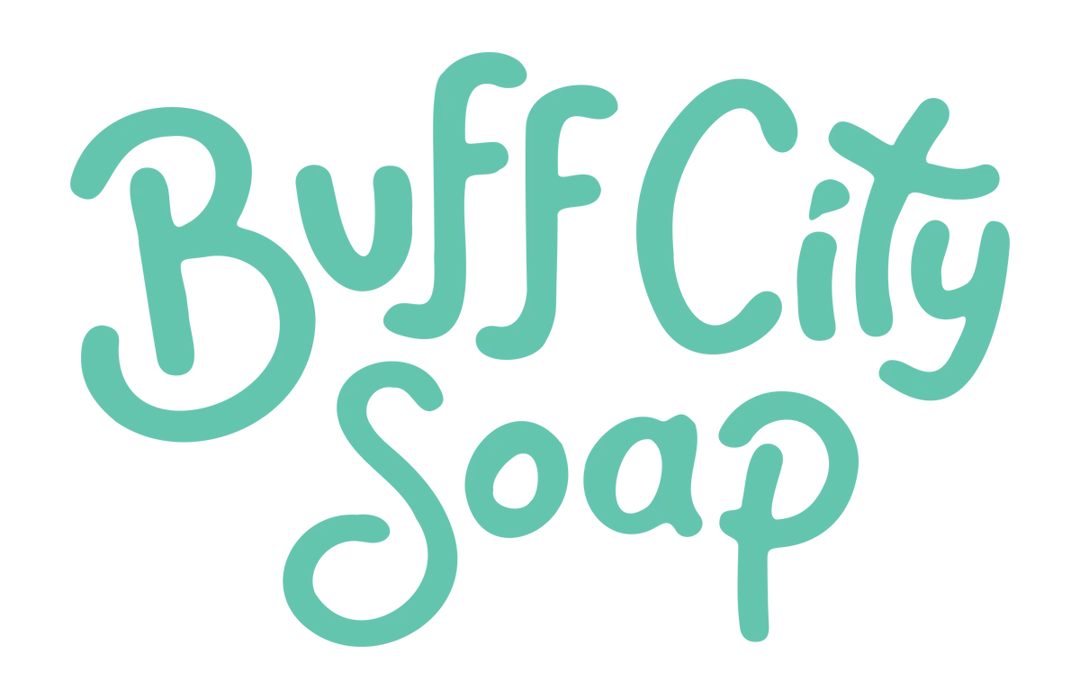 The Buff City Soap logo, featuring the brand name in a teal, rounded, handwritten-style font on a white background.