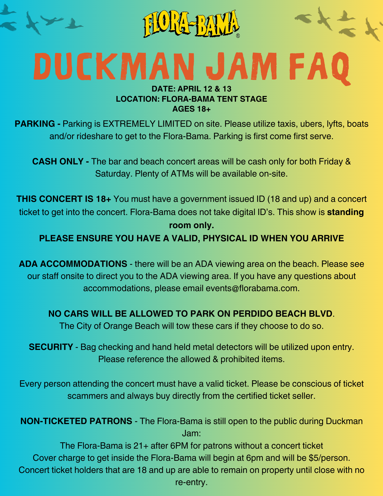 A blue and yellow informational flyer for the Duckman Jam concert at Flora-Bama, listing event FAQs and policies.