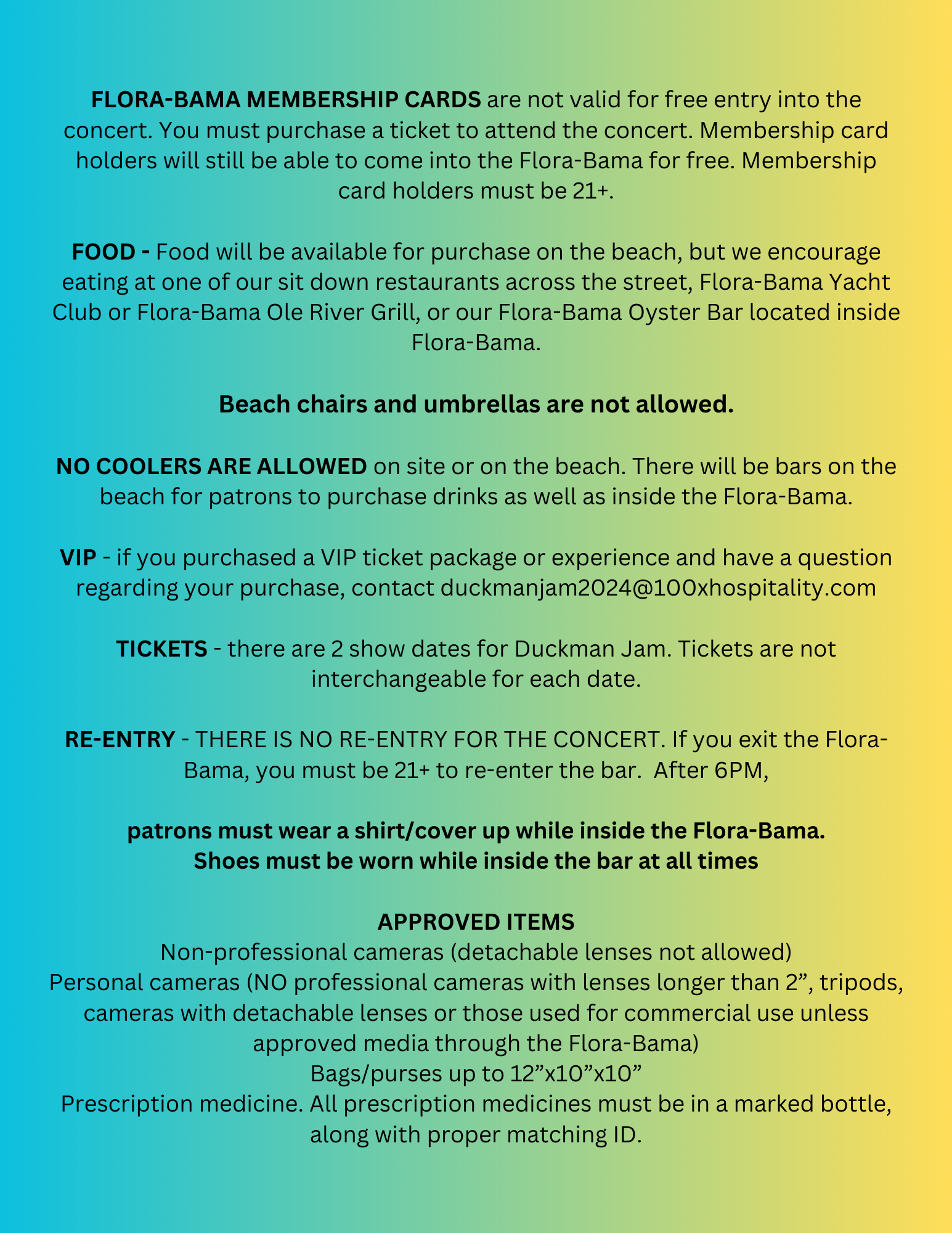 Text-only graphic listing Flora-Bama concert policies and prohibited items.