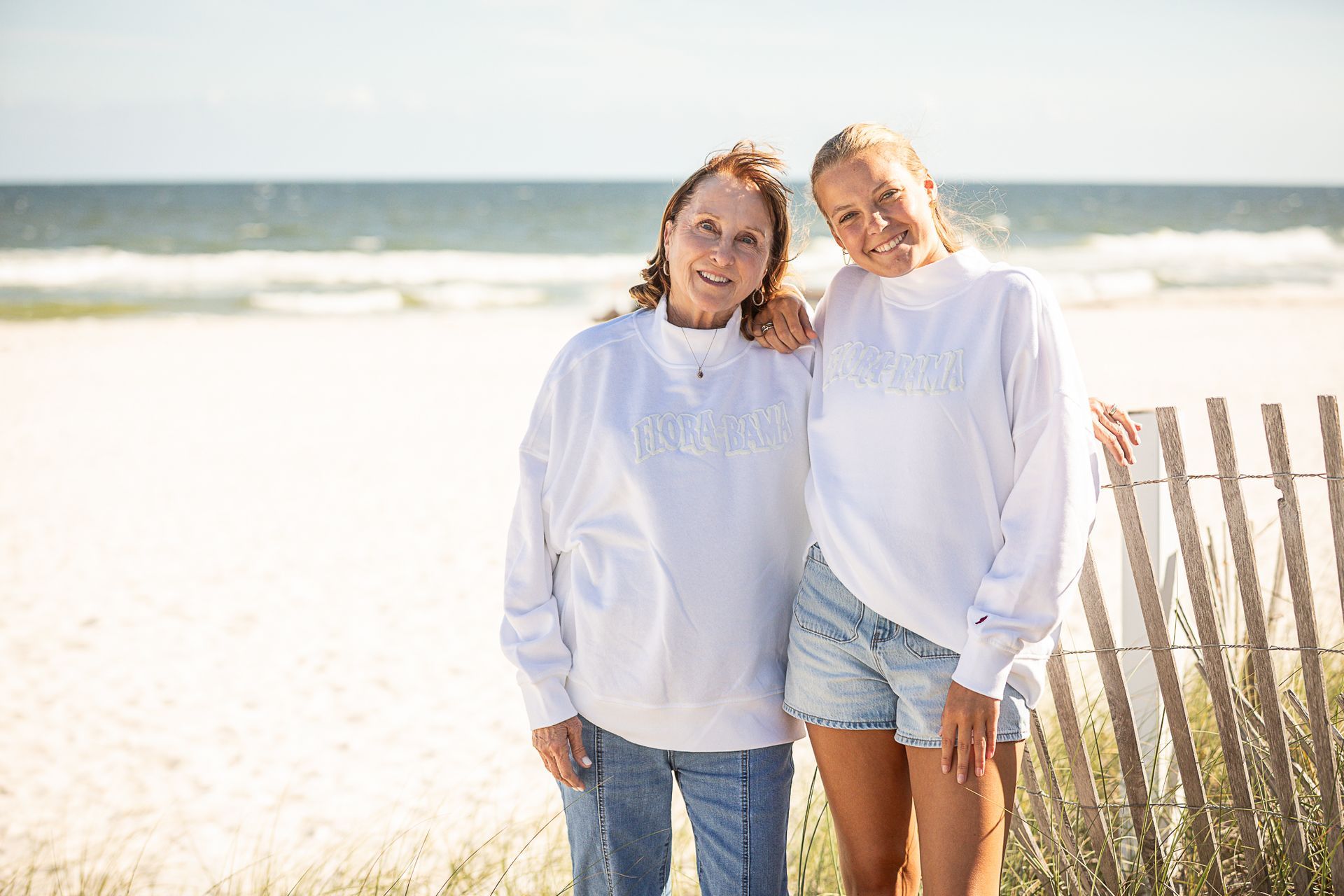 Mocknecks sweatshirt, white with flora bama text on front