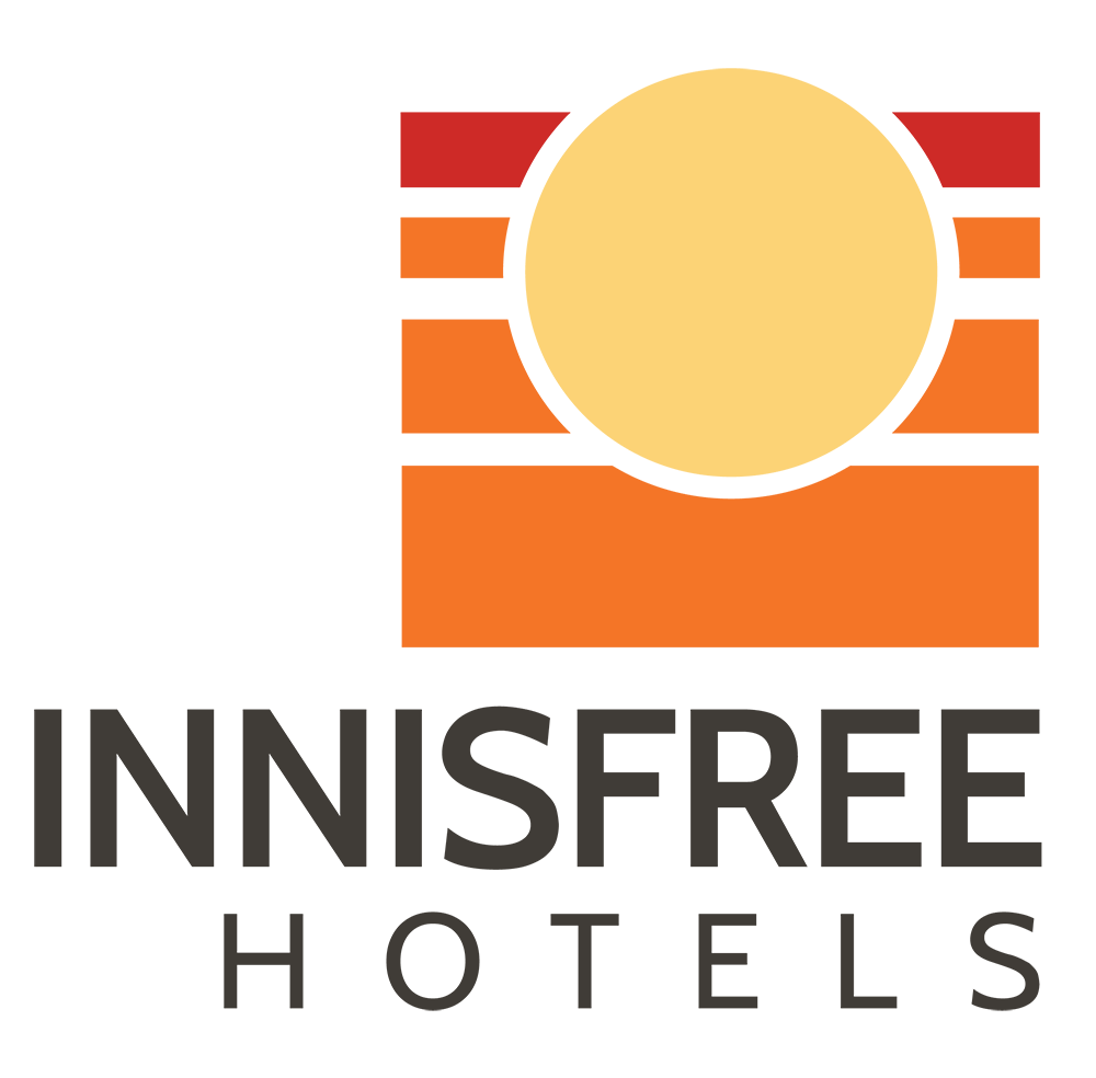 Logo for Innisfree Hotels featuring a yellow sun rising over red and orange horizontal bars above the text.