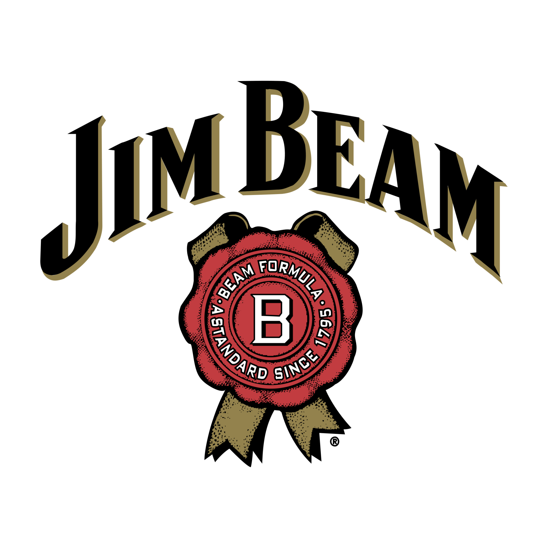 The Jim Beam logo, featuring black text arched over a red wax seal with a white