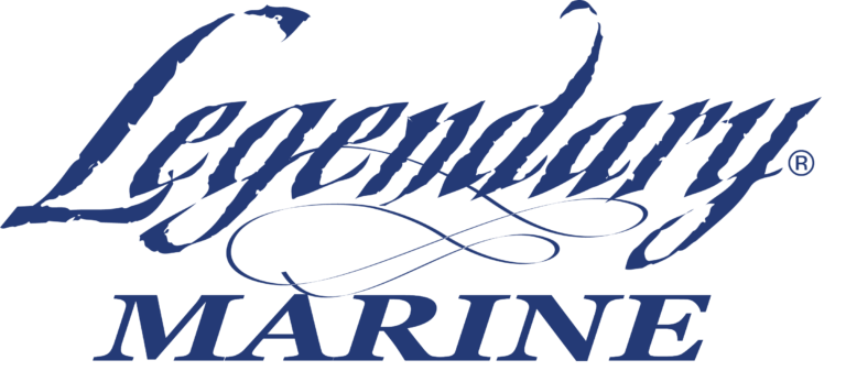 Logo for Legendary Marine featuring dark blue stylized serif lettering with a decorative flourish below.