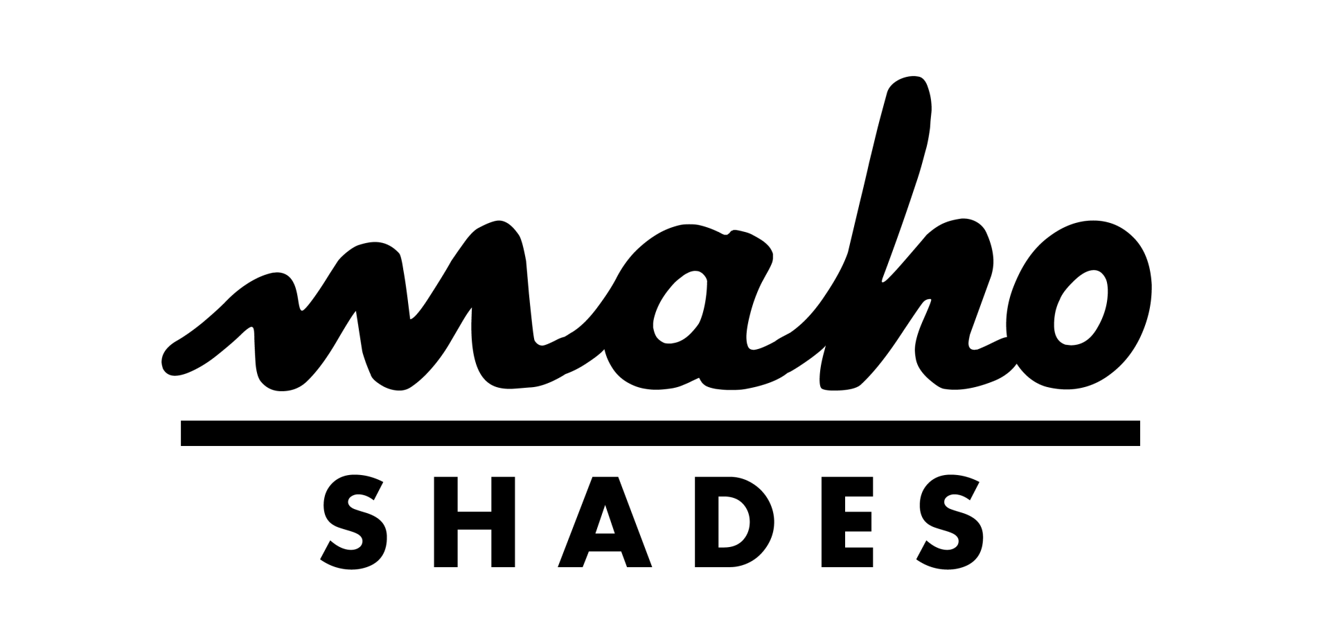 Logo for Maho Shades, featuring the brand name in a cursive, wave-like font above a line and the word