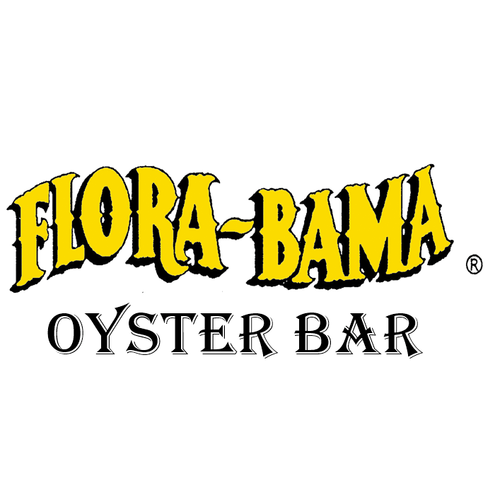 Logo for Flora-Bama Oyster Bar featuring bold, yellow, distressed-style lettering on a white background.