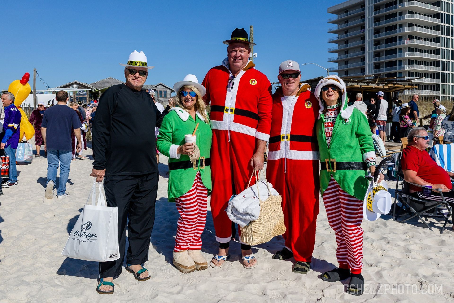 Five people dressed in Santa and elf-themed holiday costumes posing on a sunny, crowded beach.