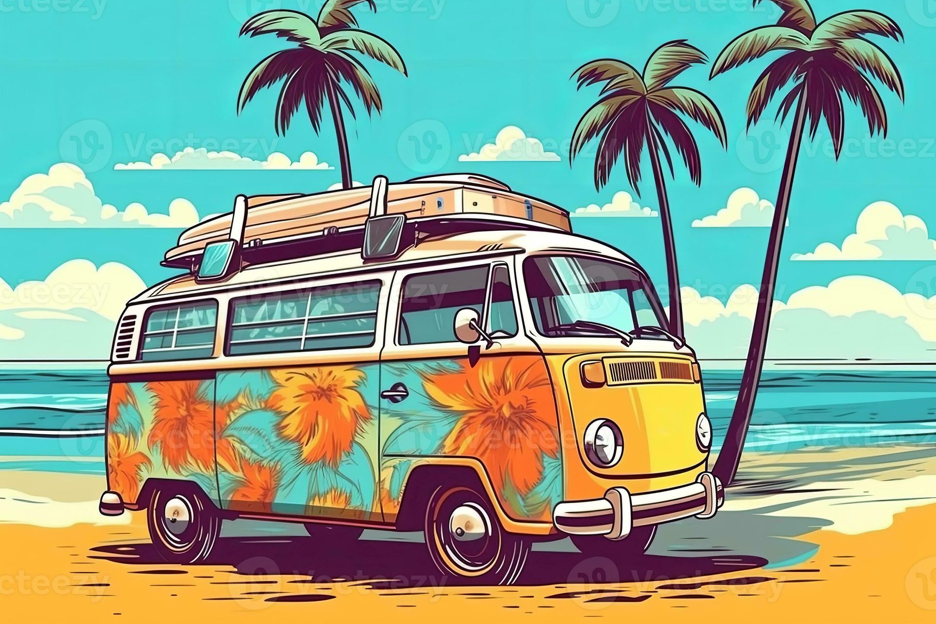 A floral-patterned yellow camper van with a surfboard on its roof, parked on a sandy beach under palm trees.