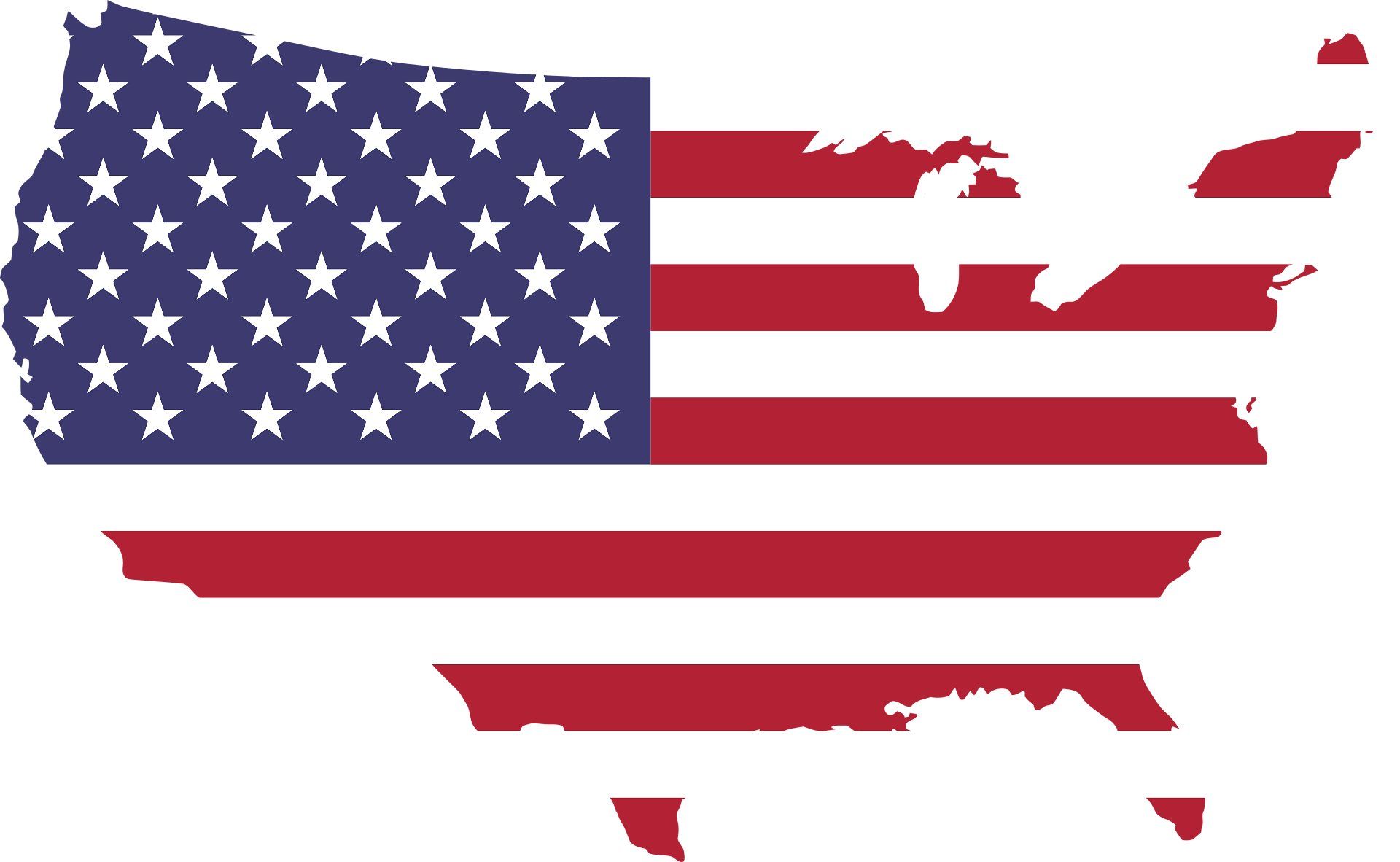 A map of the United States filled with the pattern of the American flag, featuring white stars on blue and red-white stripes.