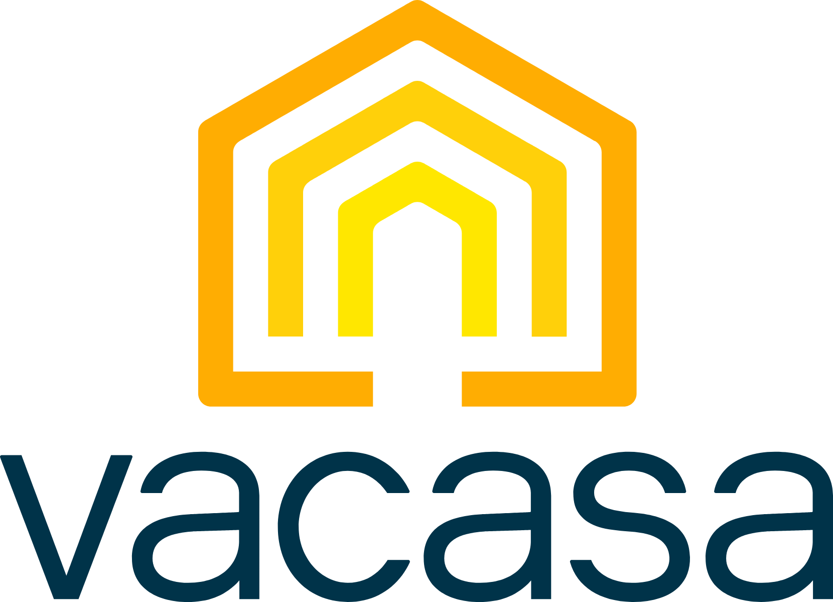 The Vacasa logo, featuring a minimalist yellow-to-orange gradient house icon above the company name in dark blue text.