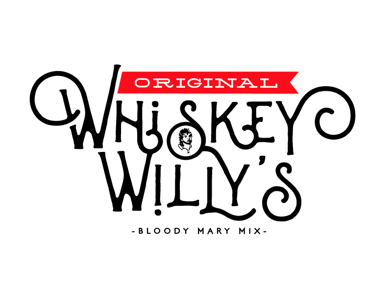 Logo for Whiskey Willy's Bloody Mary Mix with stylized black text, a red banner, and a small portrait icon.
