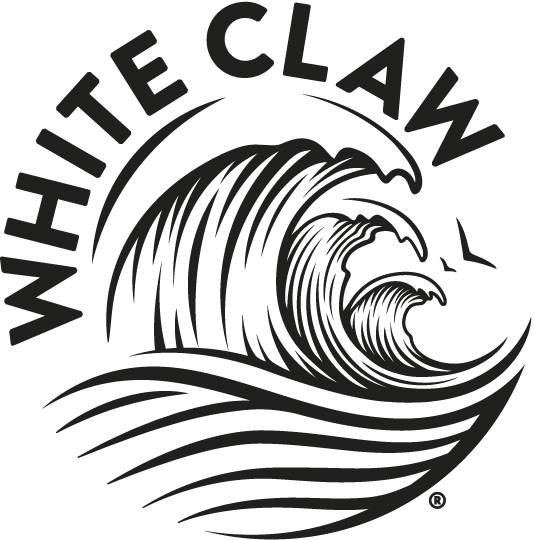 Black and white logo of White Claw featuring a stylized ocean wave and the brand name in a semi-circle.
