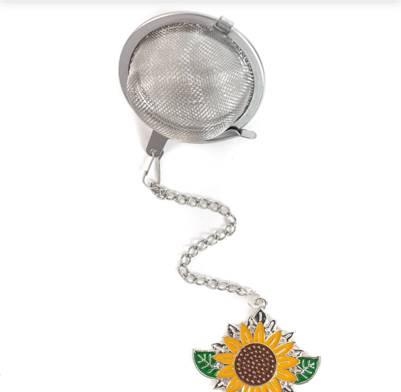 Stainless steel tea infuser with sunflower charm.