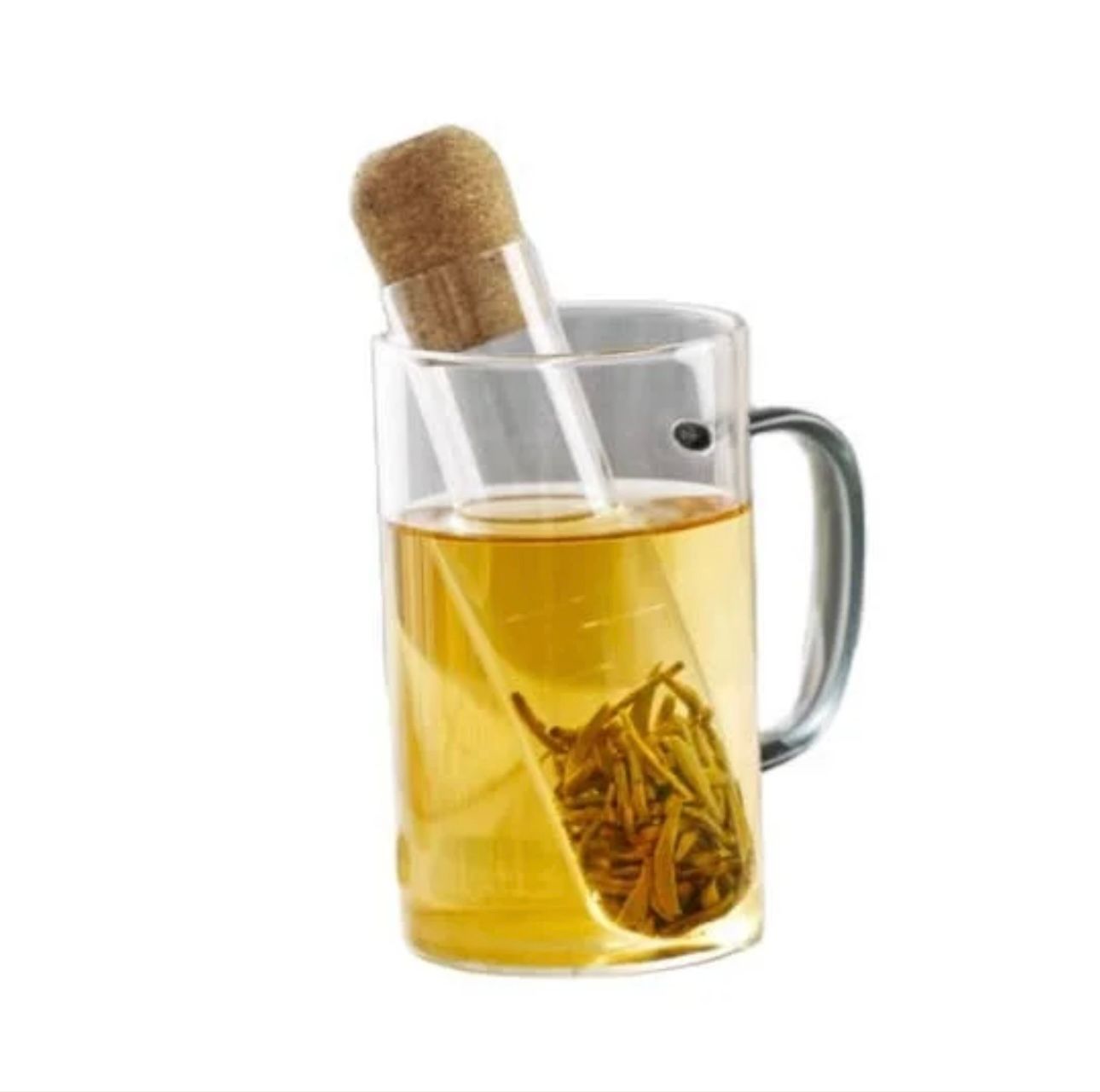 Glass mug with tea and a glass infuser, cork stopper.