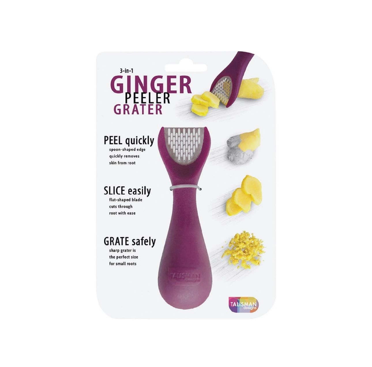 Purple ginger peeler/grater in packaging. Shows peeling, slicing, and grating ginger.