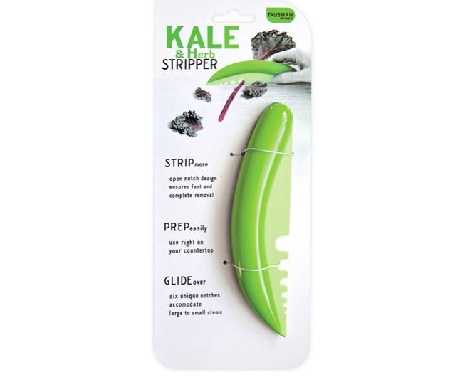 Green kale and herb stripper in packaging, with text about stripping, prepping, and gliding.