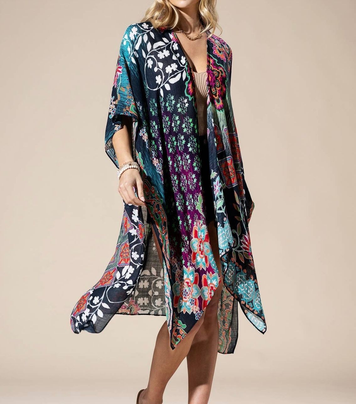 Woman wearing a colorful floral print kimono-style duster.