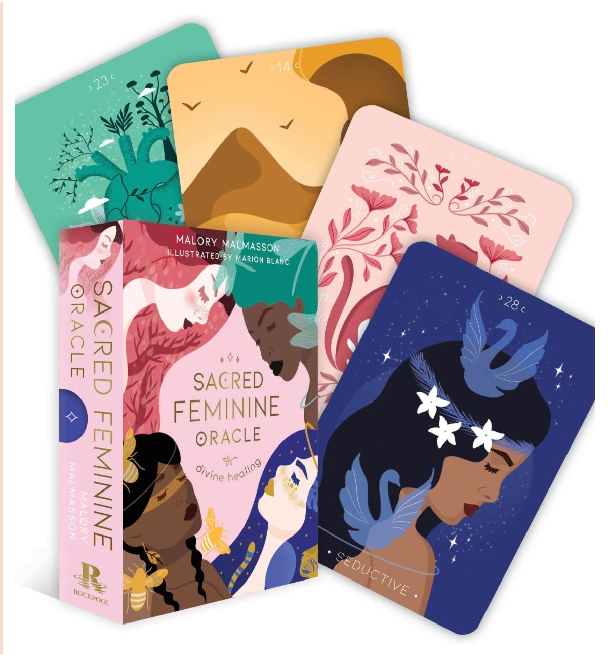 Sacred Feminine Oracle card deck with colorful illustrations and a woman's face on the box.