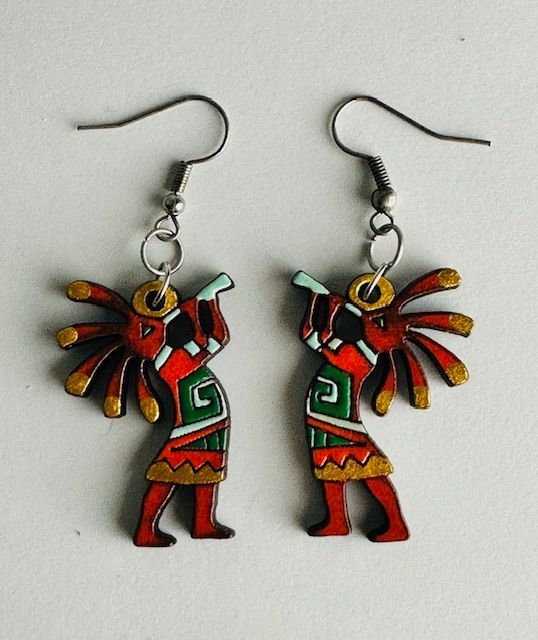 Pair of Kokopelli earrings, red, green, and gold painted, with silver fish hook style wires.