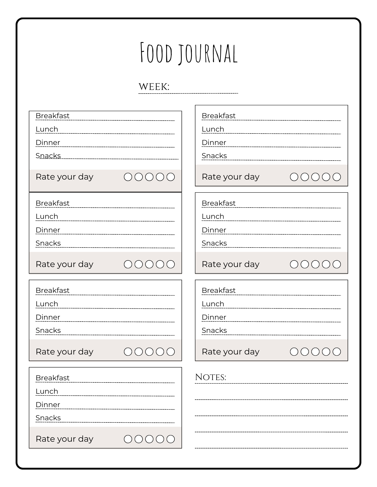 Food journal template: Meal tracking with sections for meals and snacks, and space for notes.